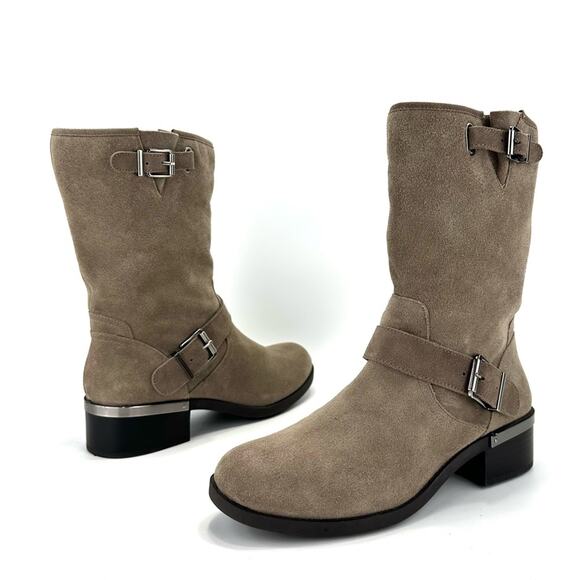 Vince Camuto Whyla Tan Moto Boot Size 9 Suede Block Heel Mid-Calf Bootie - Picture 11 of 15